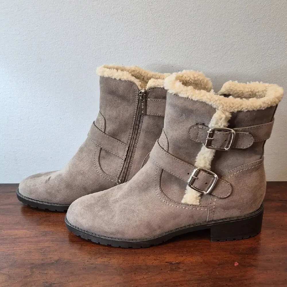 Unisa Taupe Suede Shearling-Lined Buckle Ankle Boots Size 9.5M